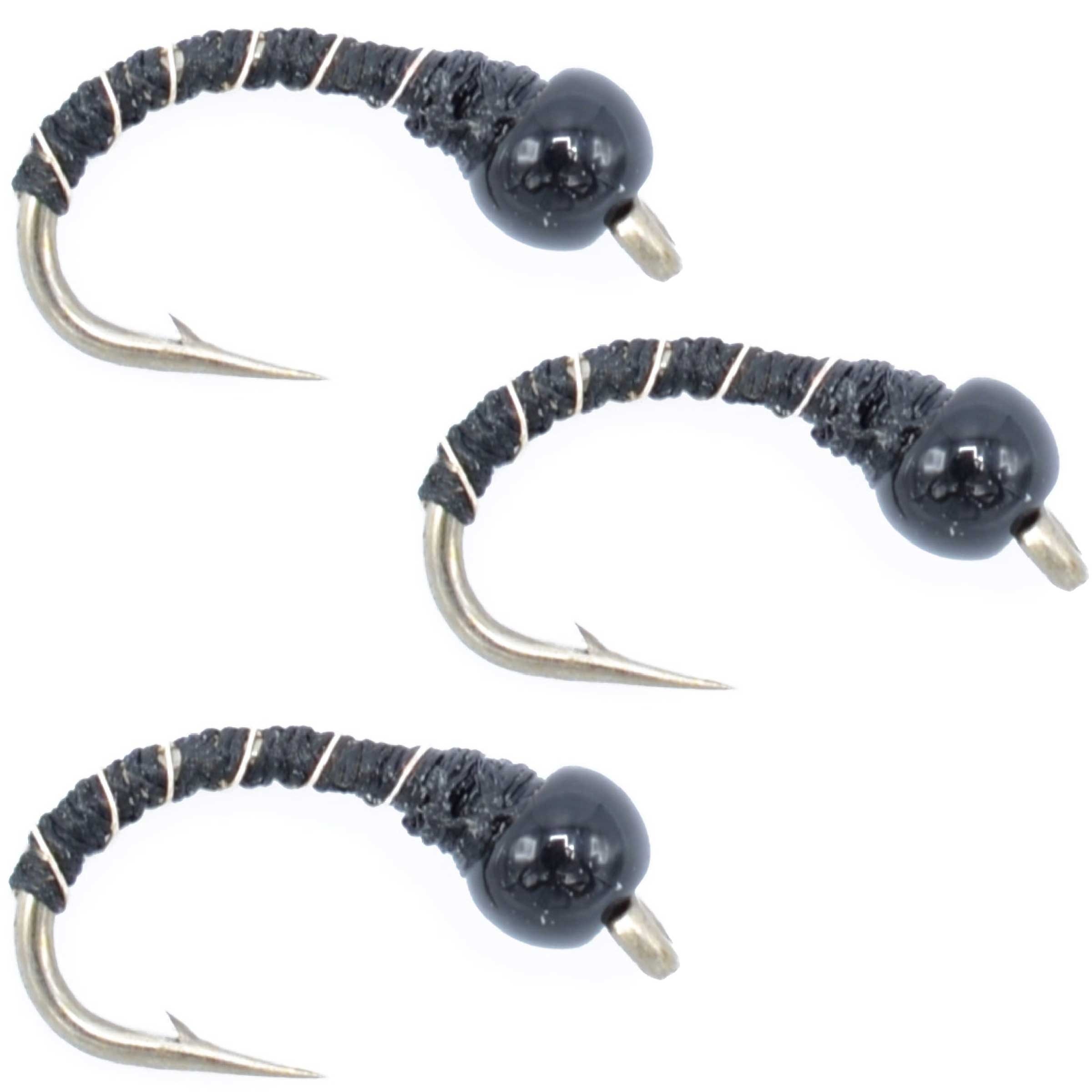 3 unidades de moscas artificiales Bead Head Black Zebra Midge Still Water Nymph, anzuelo tamaño 24