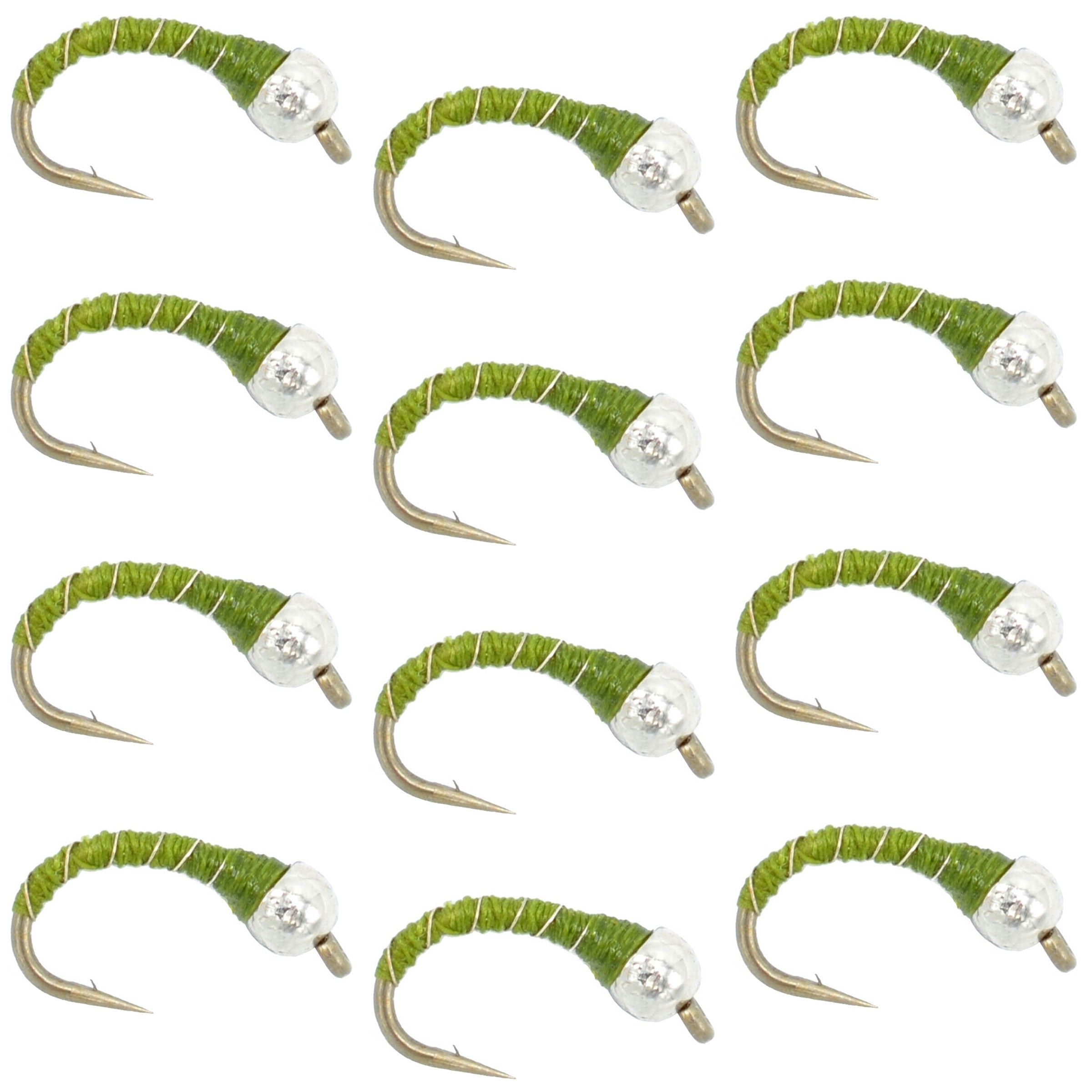 Ninfa de agua estancada Bead Head Olive Zebra Midge 1 docena Tamaño de anzuelo 14
