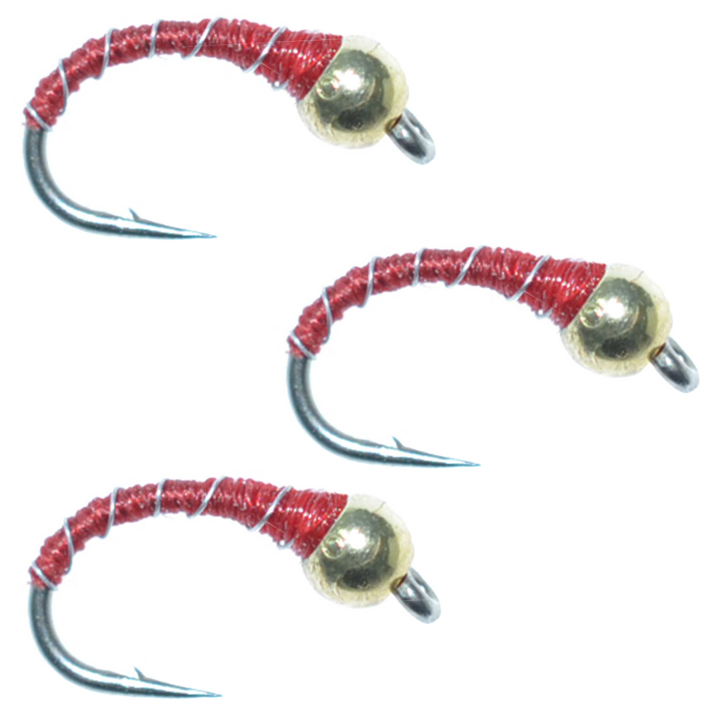 Paquete de 3 ninfas "Red Zebra Midge" con cabeza de perla, anzuelo tamaño 20