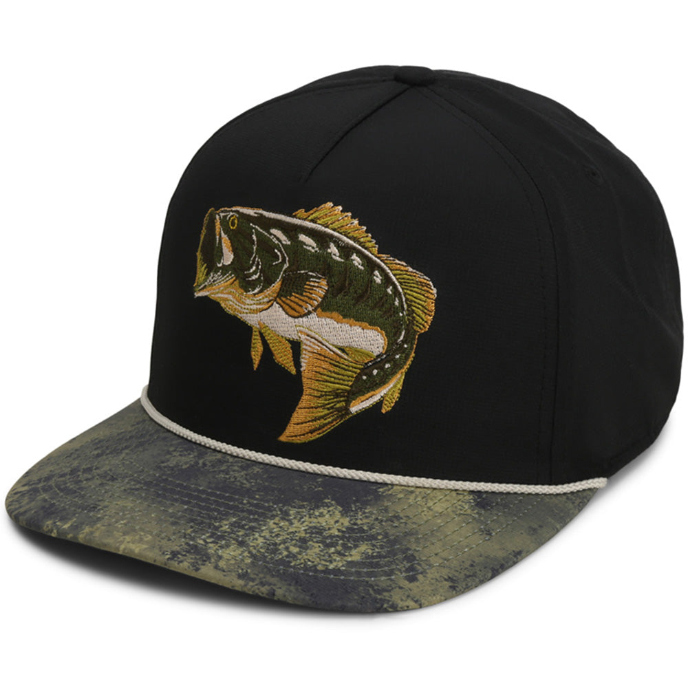 Gorra Trucker de 5 paneles con diseño de róbalo de boca grande y cuerda.