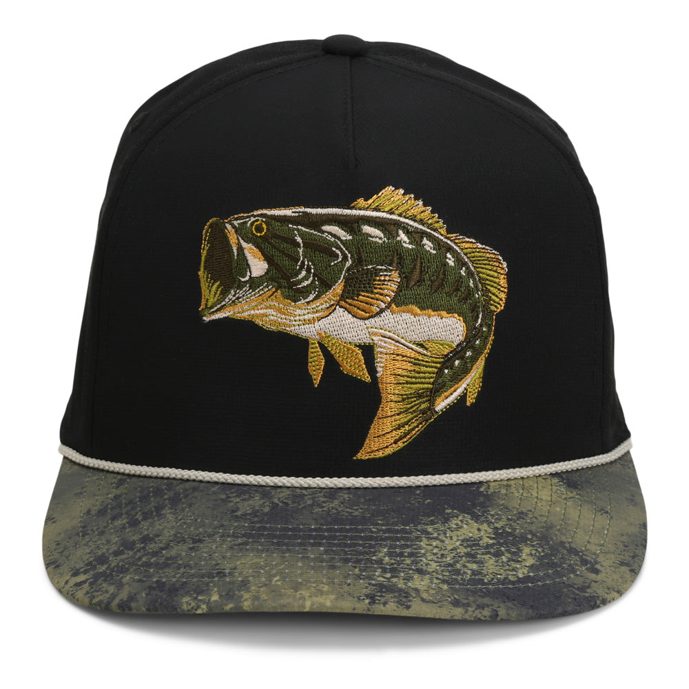 Gorra Trucker de 5 paneles con diseño de róbalo de boca grande y cuerda.