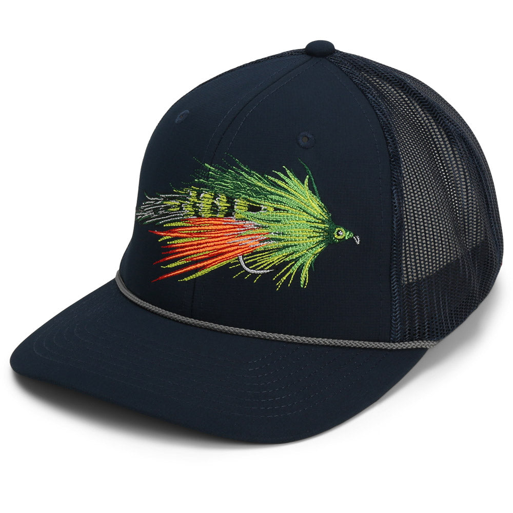 Gorra de pesca con mosca Fire Tiger Streamer, parte trasera de malla y cuerda.