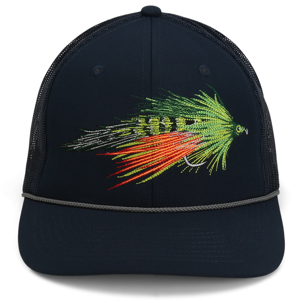 Gorra de pesca con mosca Fire Tiger Streamer, parte trasera de malla y cuerda.